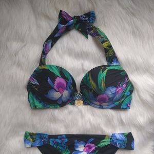 Victoria's Secret Bombshell Hipkini Bikini~34C/M~Deep Blue Mystical Floral~Rare!